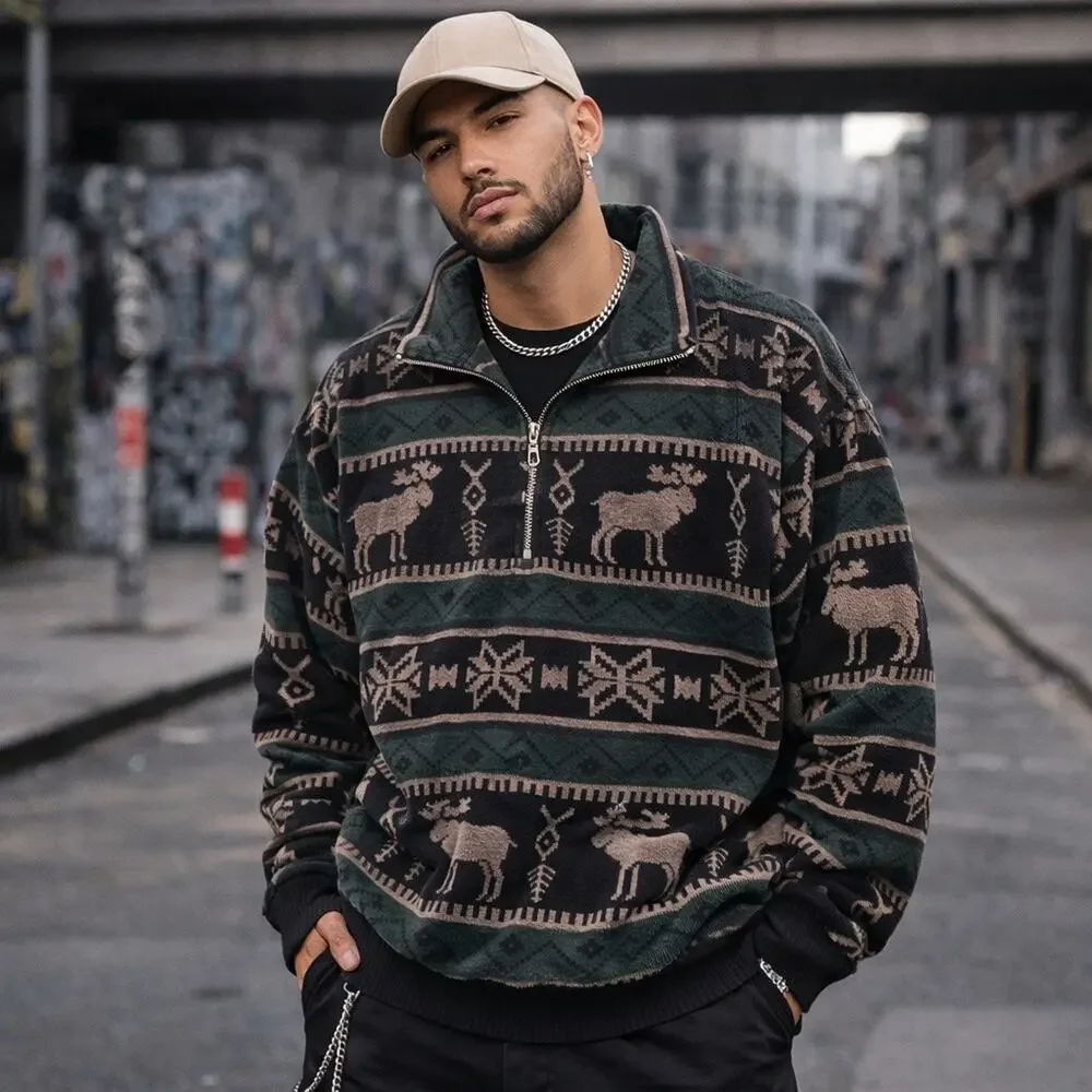 Norm Thompson Velour Pullover Moose Fair Isle 1/2 Zip Sweatshirt Shacket Large - Picture 1 of 12